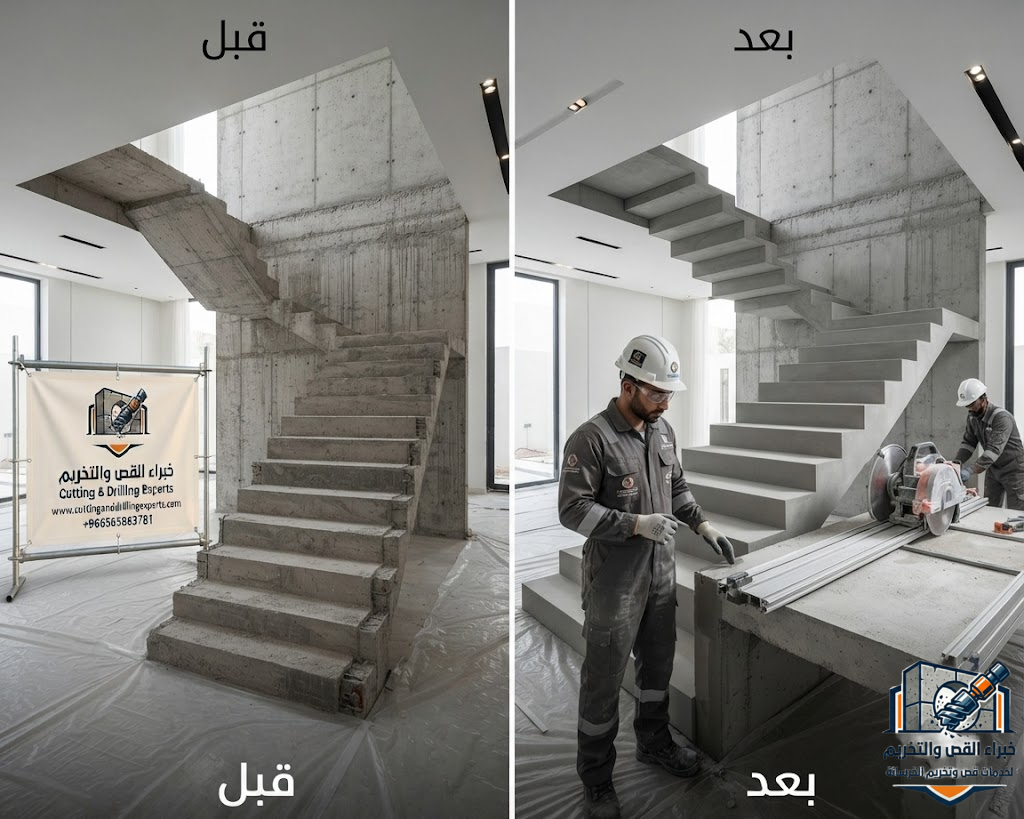 تنفيذ قص السلالم الخرسانية وفتح الدرج الداخلي في الرياض باستخدام تقنيات القص الماسي وبدون تكسير